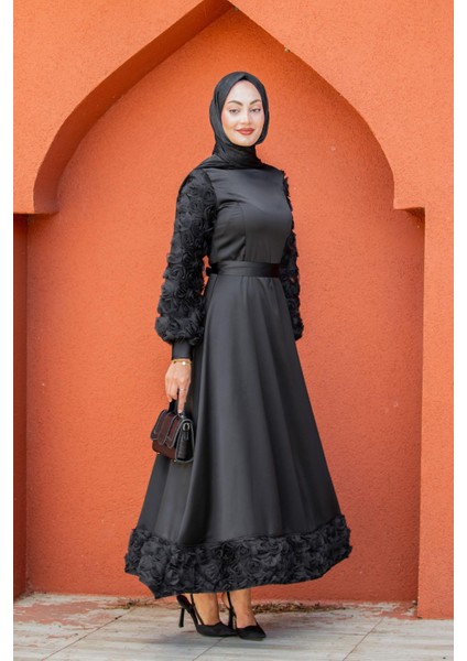 Rosery Gül Detaylı Saten Abiye-Siyah