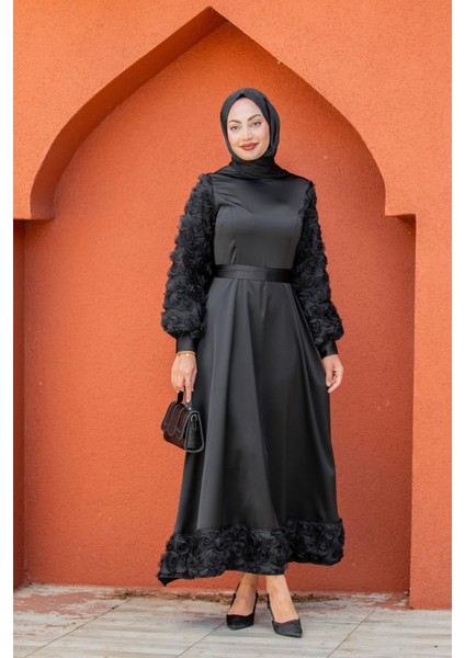 Rosery Gül Detaylı Saten Abiye-Siyah modelleri