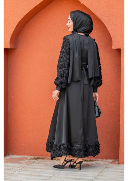 Rosery Gül Detaylı Saten Abiye-Siyah fırsatları