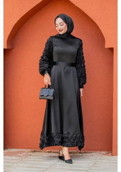 Rosery Gül Detaylı Saten Abiye-Siyah indirimleri