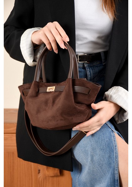 Kadın Kilit Detaylı Süet Mini Çanta