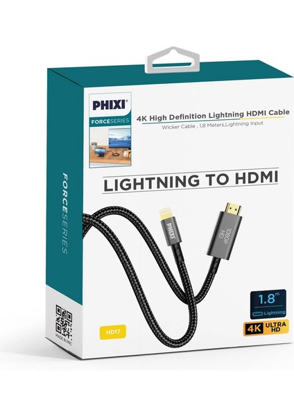 Force HD17 Lightning To HDMI 1080P Görüntü Aktarma Kablosu, 1.8m, Hasır Kablo
