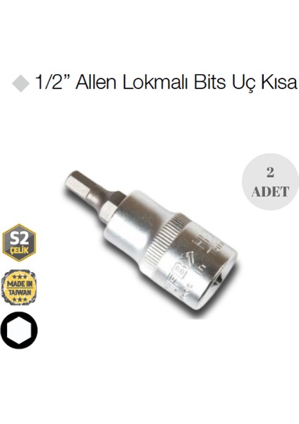 2445 Allen Lokmalı Bits Uç Kısa Hex10-55 mm 1/2” - 2 Adet