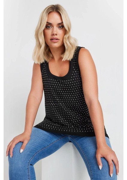 Büyük Beden Yuvarlak Yaka Kolsuz Zımba Detaylı Bluz 321831