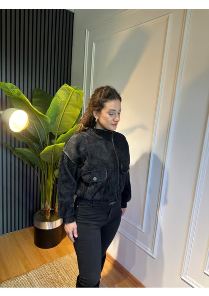 Angora Şeritli Dik Yakalı Ceket Siyah