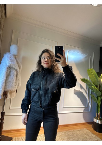 Angora Şeritli Dik Yakalı Ceket Siyah fiyatları