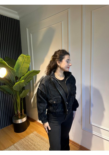 Angora Şeritli Dik Yakalı Ceket Siyah fırsatları