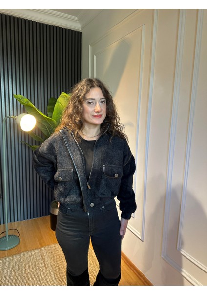 Angora Şeritli Dik Yakalı Ceket Siyah indirimleri