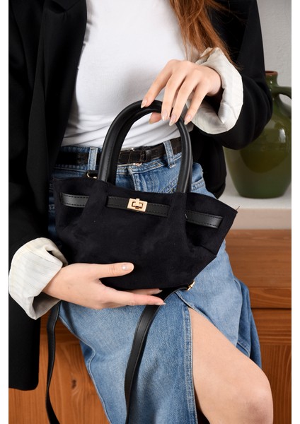 Kadın Kilit Detaylı Süet Mini Çanta