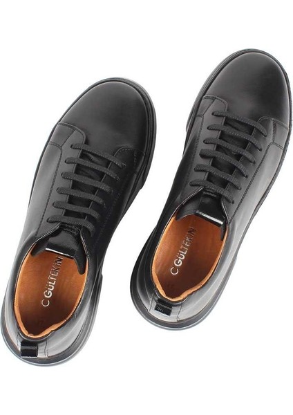 Erkek Siyah Bağcıklı Kalın Tabanlı Deri Sneaker