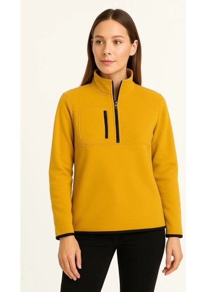 Kadın Polar Kazak – Dik Yaka, Yarım Fermuarlı, Fermuarlı Göğüs Cepli, Siyah Biyeli, Kışlık Rahat Regular Fit Günlük Model - Sarı