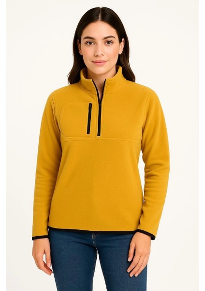 Kadın Polar Kazak – Dik Yaka, Yarım Fermuarlı, Fermuarlı Göğüs Cepli, Siyah Biyeli, Kışlık Rahat Regular Fit Günlük Model - Sarı modelleri