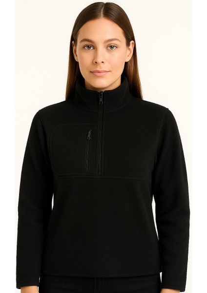 Kadın Polar Kazak – Dik Yaka, Yarım Fermuarlı, Fermuarlı Göğüs Cepli, Siyah Biyeli, Kışlık Rahat Regular Fit Günlük Model - Siyah