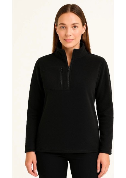 Kadın Polar Kazak – Dik Yaka, Yarım Fermuarlı, Fermuarlı Göğüs Cepli, Siyah Biyeli, Kışlık Rahat Regular Fit Günlük Model - Siyah fırsatları