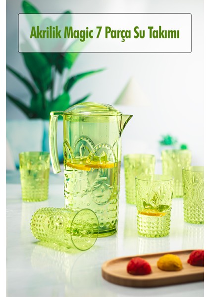 Akrilik Yeşil Sürahi 2,3 Lt ve 6'lı & Su Meşrubat Kahve Yanı Bardağı 400 ml Seti ( Cam Değildir )