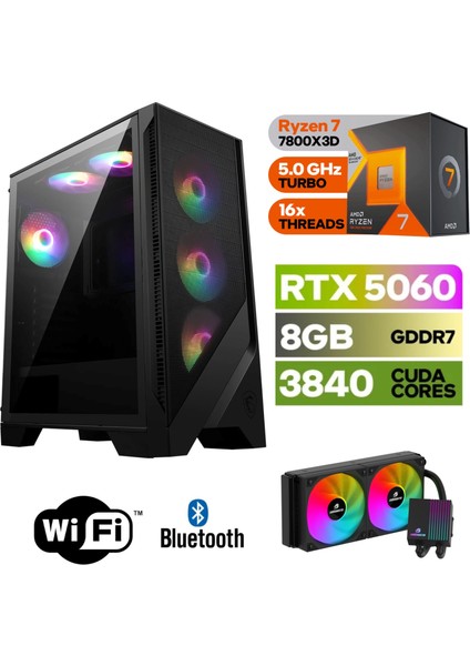 Şafak-Gaming Pc Ddr5-Rtx 5060 8gb -Ryzen 7 7800XD – 32 GB Ddr5 Ram – 1 Tb M.2 SSD 5000 4000 – 240MM Sıvı Sogutma -Windows 11 Pro-