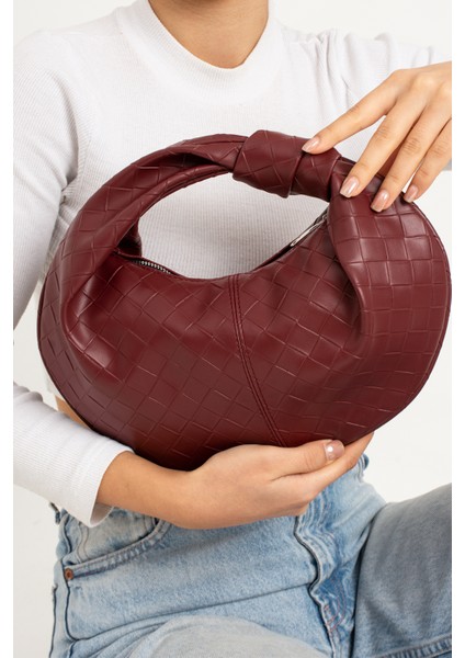 Kadın Mini Baget Dügüm Detaylı Fermuarlı El Çanta Örgü Desenli