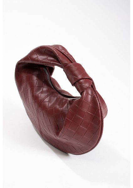 Kadın Mini Baget Dügüm Detaylı Fermuarlı El Çanta Örgü Desenli