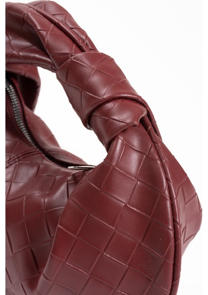 Kadın Mini Baget Dügüm Detaylı Fermuarlı El Çanta Örgü Desenli