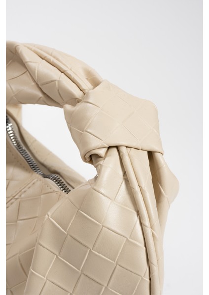 Kadın Mini Baget Dügüm Detaylı Fermuarlı El Çanta Örgü Desenli