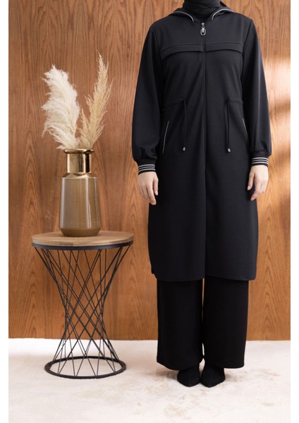 Kapüşonlu Ribana ve Aller Detaylı Giyçık - Siyah