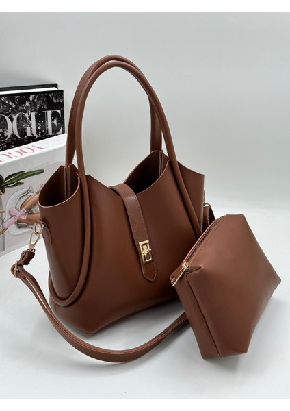 Demir Toka Kemerli Çift Askılı Makyaj Çantalı Zarif Suni Deri Kadın El ve Omuz Çantası fiyatları