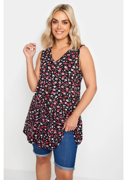 Büyük Beden Kolsuz V Yaka Desenli Likralı Bluz 303180