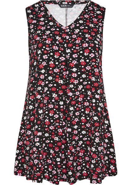 Büyük Beden Kolsuz V Yaka Desenli Likralı Bluz 303180