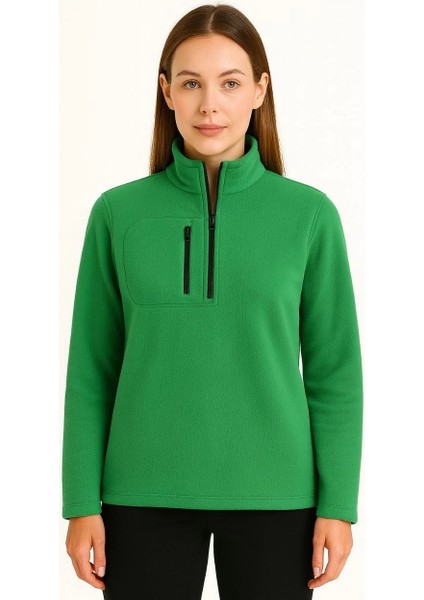 Kadın Polar Kazak – Dik Yaka, Yarım Fermuarlı, Fermuarlı Göğüs Cepli, Siyah Biyeli, Kışlık Rahat Regular Fit Günlük Model - Yeşil fiyatları