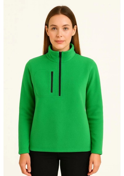 Kadın Polar Kazak – Dik Yaka, Yarım Fermuarlı, Fermuarlı Göğüs Cepli, Siyah Biyeli, Kışlık Rahat Regular Fit Günlük Model - Yeşil modelleri