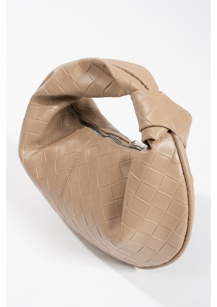 Kadın Mini Baget Dügüm Detaylı Fermuarlı El Çanta Örgü Desenli