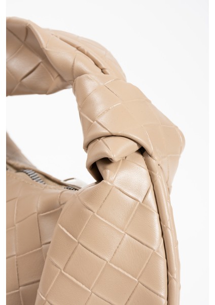 Kadın Mini Baget Dügüm Detaylı Fermuarlı El Çanta Örgü Desenli