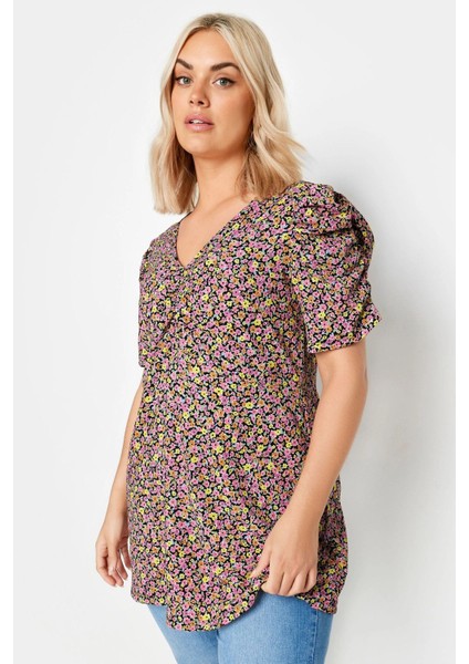 Büyük Beden V Yaka Kolları Drapeli Kısa Kollu Desenli Bluz 321726