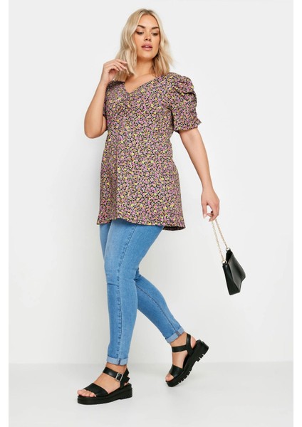 Büyük Beden V Yaka Kolları Drapeli Kısa Kollu Desenli Bluz 321726 fiyatları