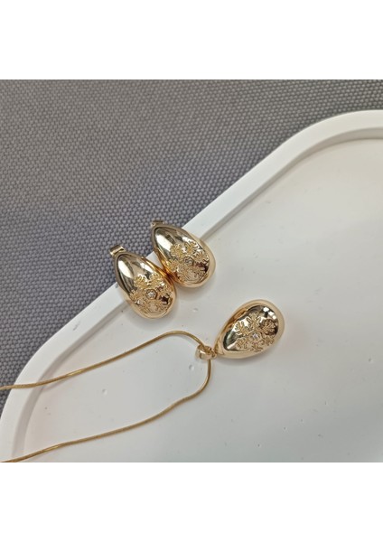 Kar Tanesi Kolye & Küpe Seti 316L Çelik Takı Gold Renk Stainless Steel