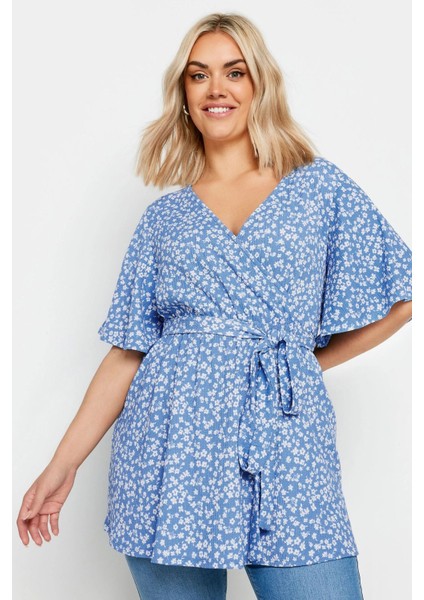 Büyük Beden V Yaka Bağlama Detaylı Desenli Kruvaze Bluz 321709