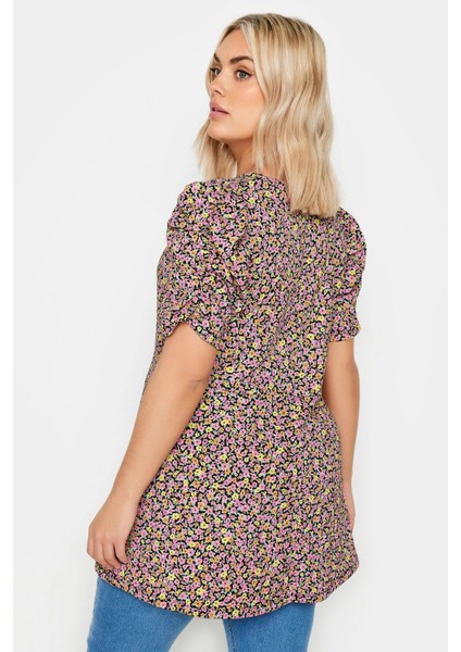 Büyük Beden V Yaka Kolları Drapeli Kısa Kollu Desenli Bluz 321726 indirimleri