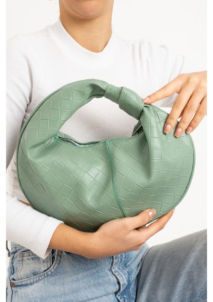 Kadın Mini Baget Dügüm Detaylı Fermuarlı El Çanta Örgü Desenli