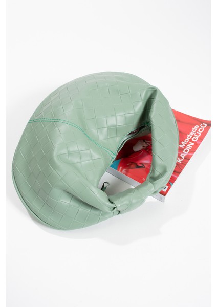 Kadın Mini Baget Dügüm Detaylı Fermuarlı El Çanta Örgü Desenli