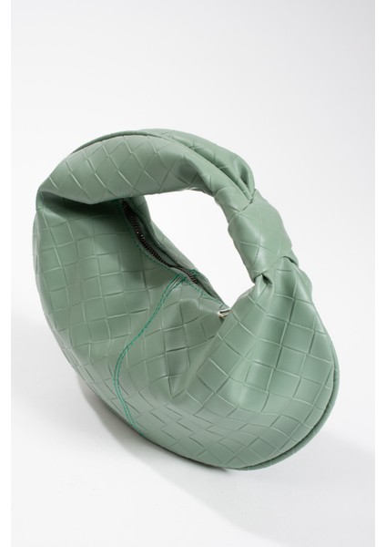 Kadın Mini Baget Dügüm Detaylı Fermuarlı El Çanta Örgü Desenli