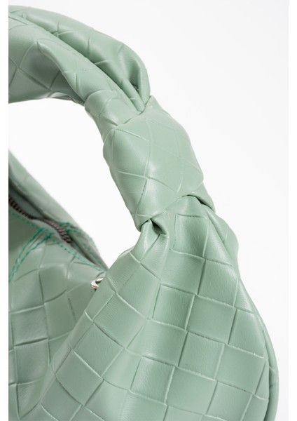 Kadın Mini Baget Dügüm Detaylı Fermuarlı El Çanta Örgü Desenli