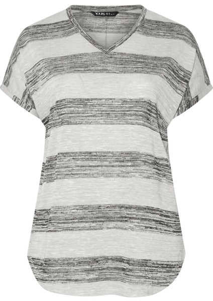 Büyük Beden Kısa Kol V Yaka Eteği Oval Kesim Çizgili Bluz 303993