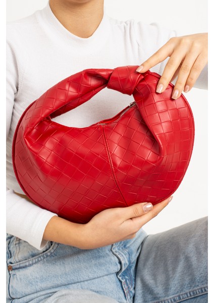 Kadın Mini Baget Dügüm Detaylı Fermuarlı El Çanta Örgü Desenli