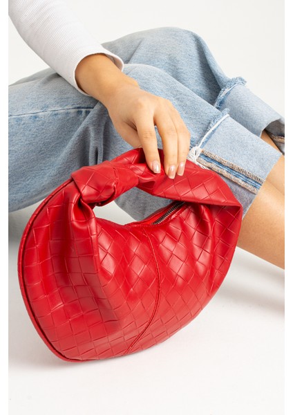 Kadın Mini Baget Dügüm Detaylı Fermuarlı El Çanta Örgü Desenli fiyatları