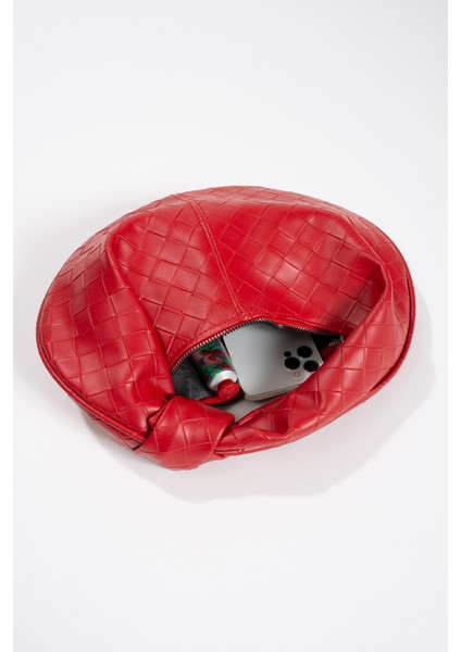 Kadın Mini Baget Dügüm Detaylı Fermuarlı El Çanta Örgü Desenli