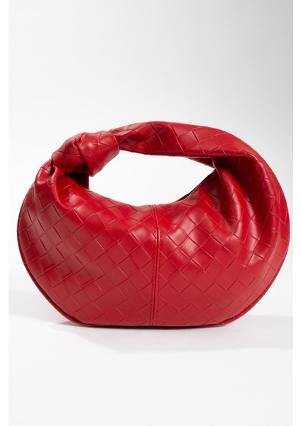 Kadın Mini Baget Dügüm Detaylı Fermuarlı El Çanta Örgü Desenli