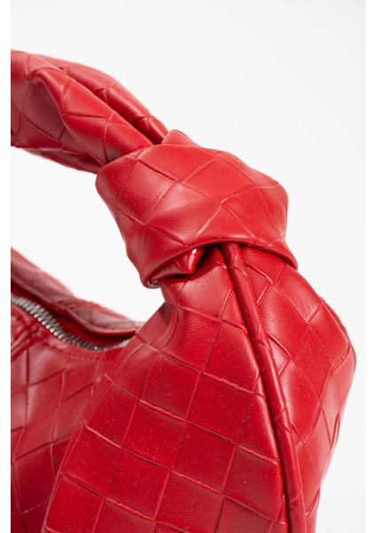 Kadın Mini Baget Dügüm Detaylı Fermuarlı El Çanta Örgü Desenli