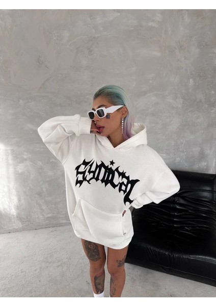 Mdb Unisex Üç Iplik Kapşonlu Baskılı Weathirt Beyaz