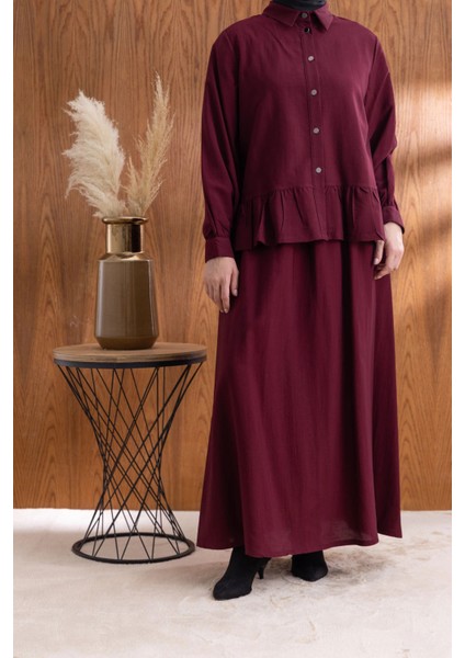 Fırfır Detaylı Gömlek Yaka Etekli Takım - Bordo