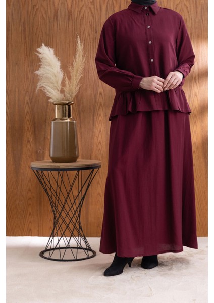 Fırfır Detaylı Gömlek Yaka Etekli Takım - Bordo fiyatları